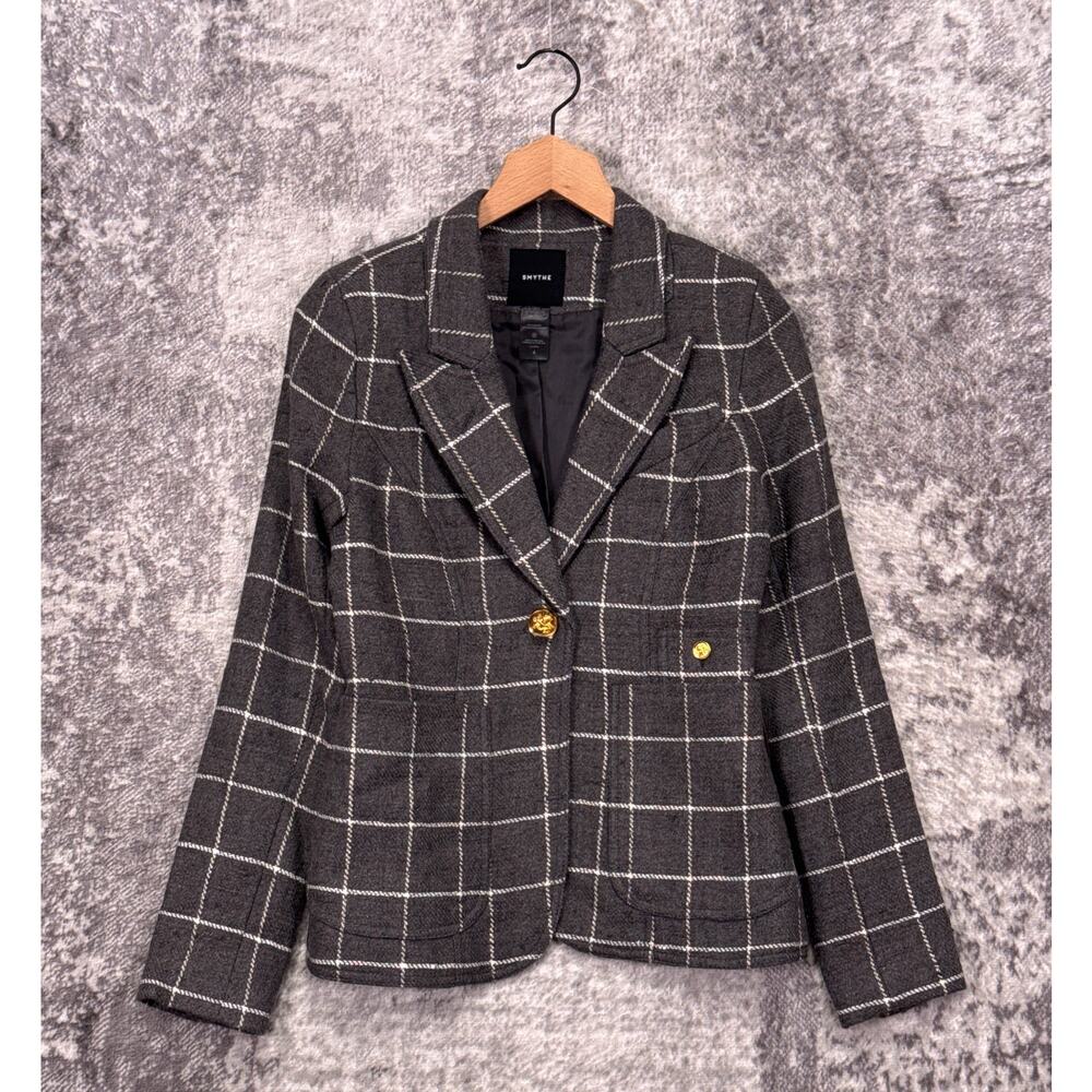 Smythe Duchess Blazer 4 Womens Wool Linen Gray Tweed Windowpane Elbow Patch